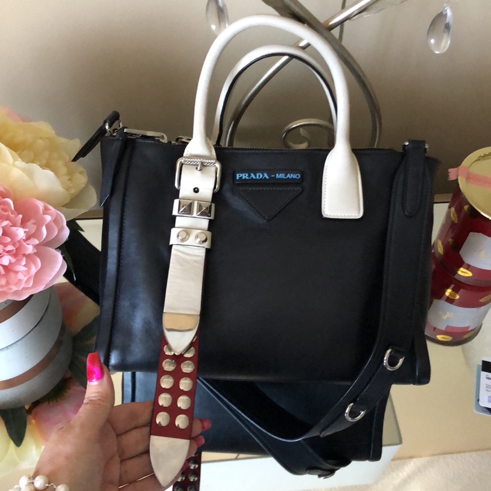 PRADA Leather Black/ White GRACE LUX 1BA175 Tote - Picture 4 of 14